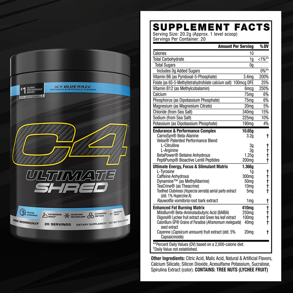 Cellucor C4 Ultimate Shred ice blue razz glass reveals refreshing flavor for focus.