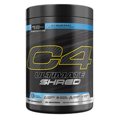 Cellucor C4 Ultimate Shred powder tub shows powerful energy blend for intense workouts.