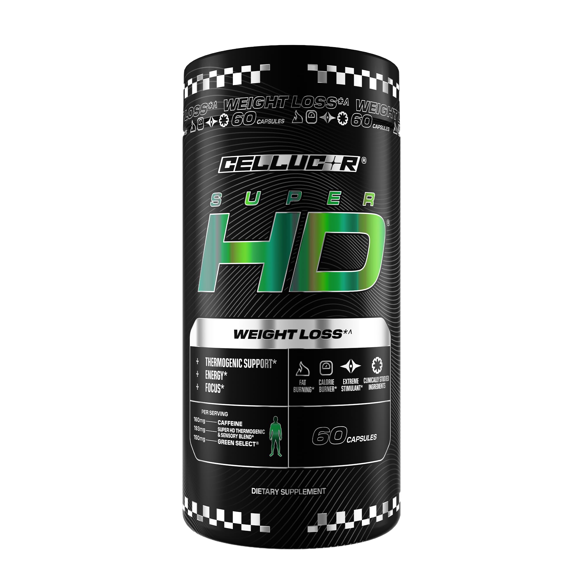 Cellucor SuperHD bottle front highlights energy-boosting thermogenic formula.