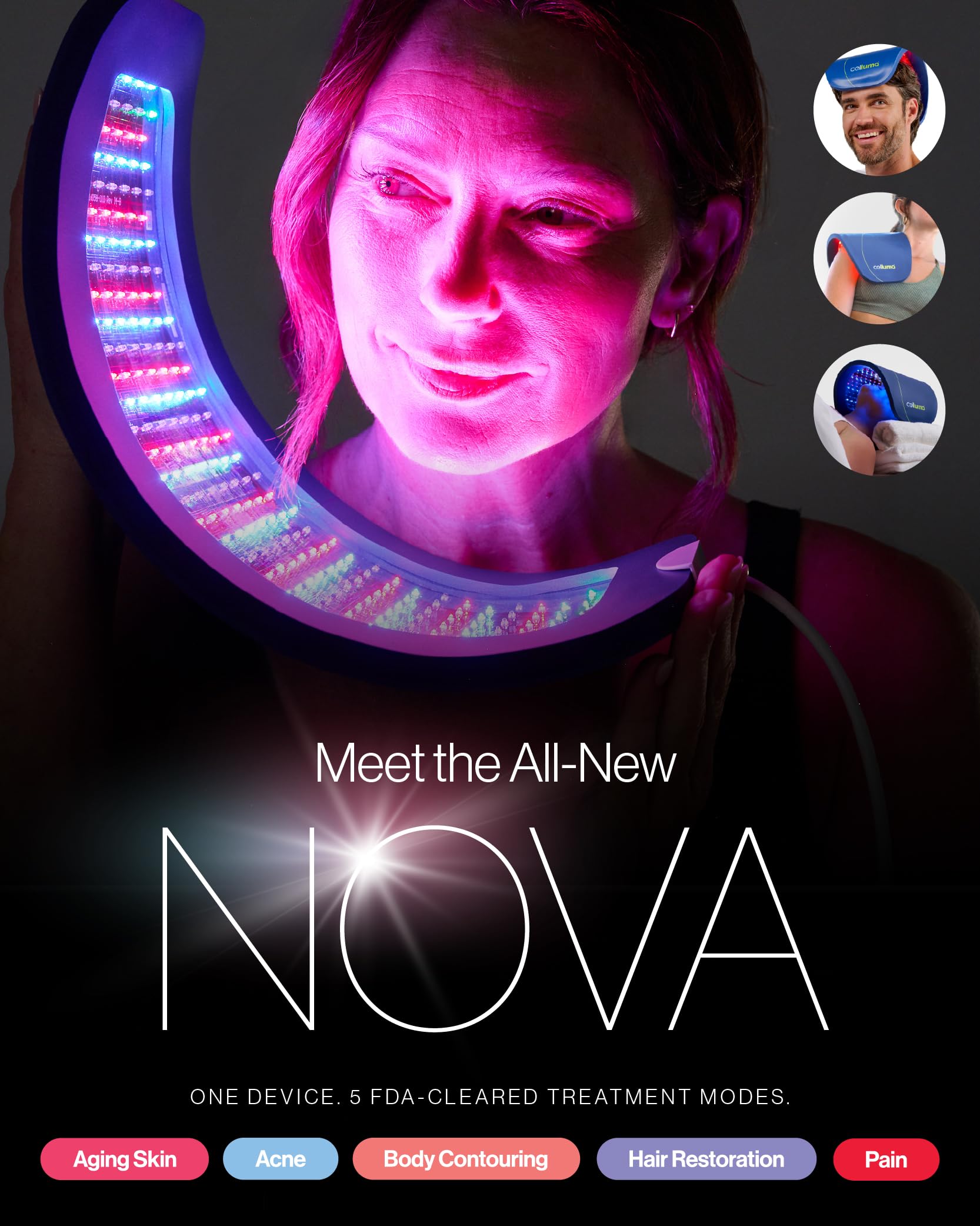Celluma Nova blue LED therapy focuses on targeted skin and hair benefits.