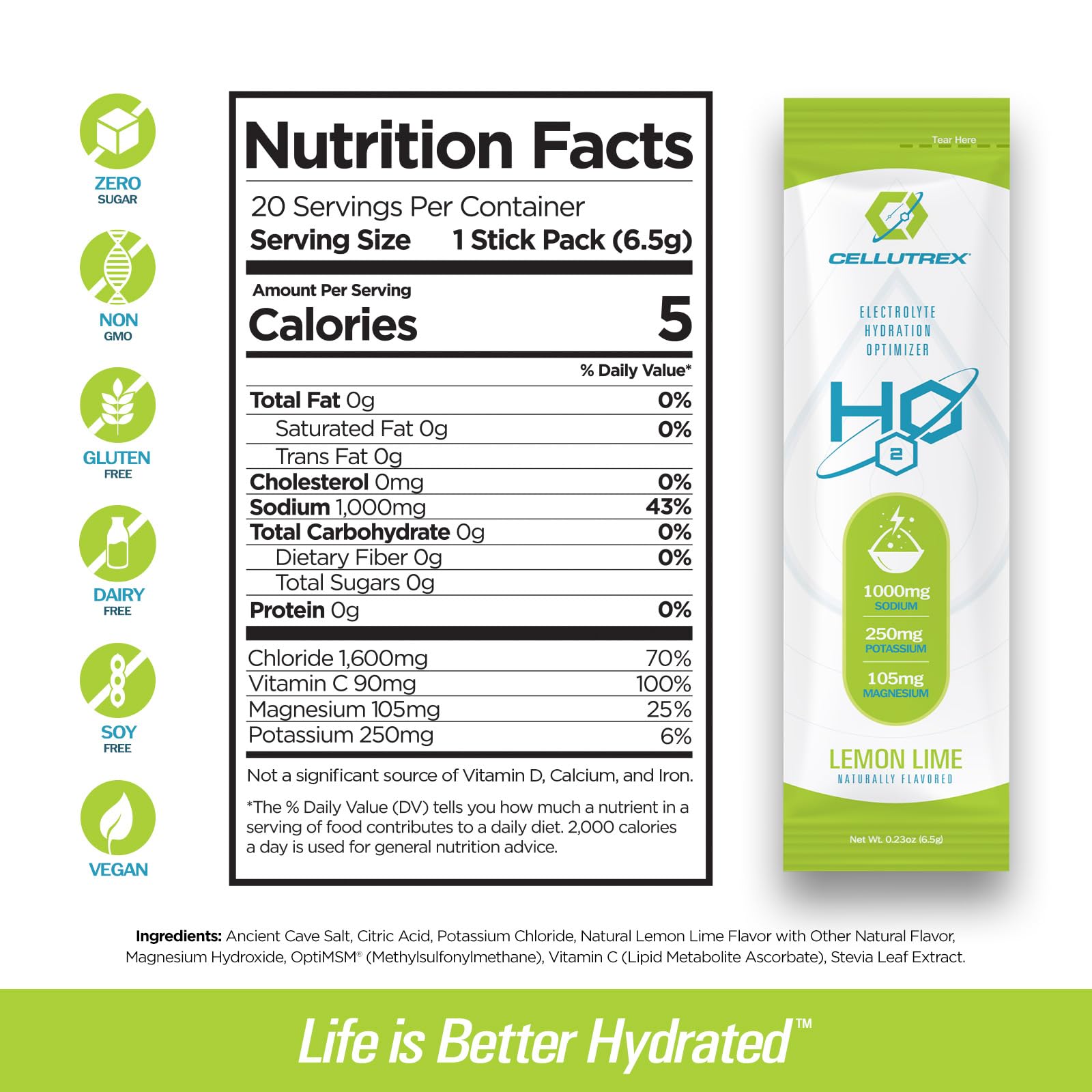 Cellutrex H2O Lemon Lime electrolytes stick dissolving in water for refreshing hydration.