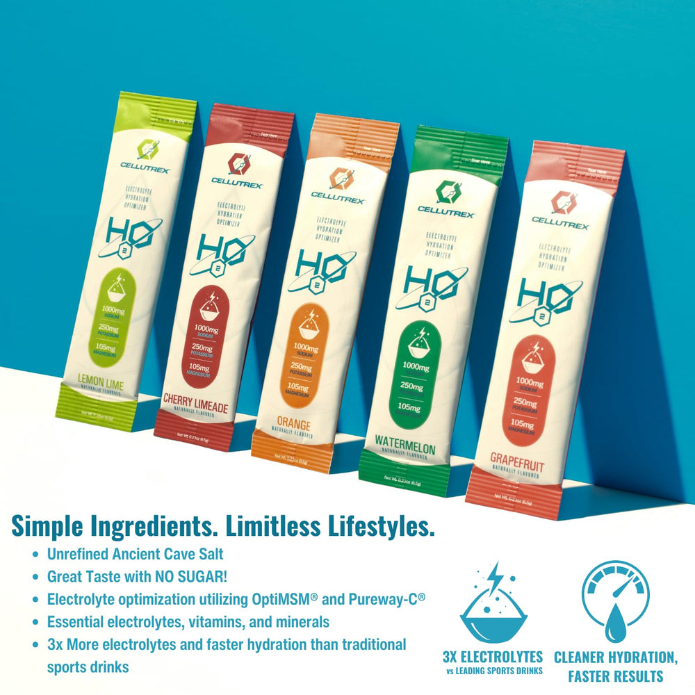 Cellutrex H2O Electrolytes on-the-go stick packets for travel hydration