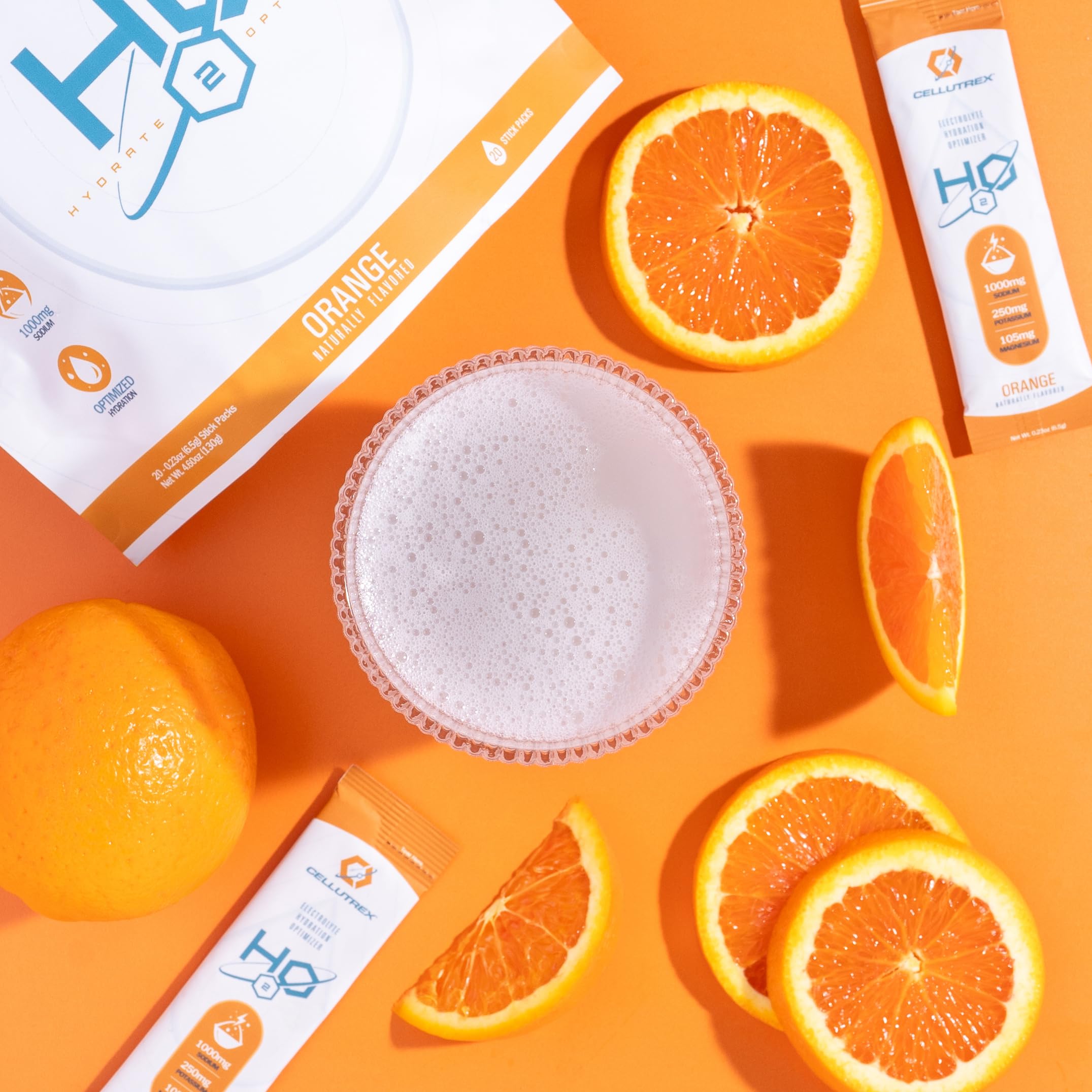 Cellutrex H2O Electrolytes orange sachet close-up.
