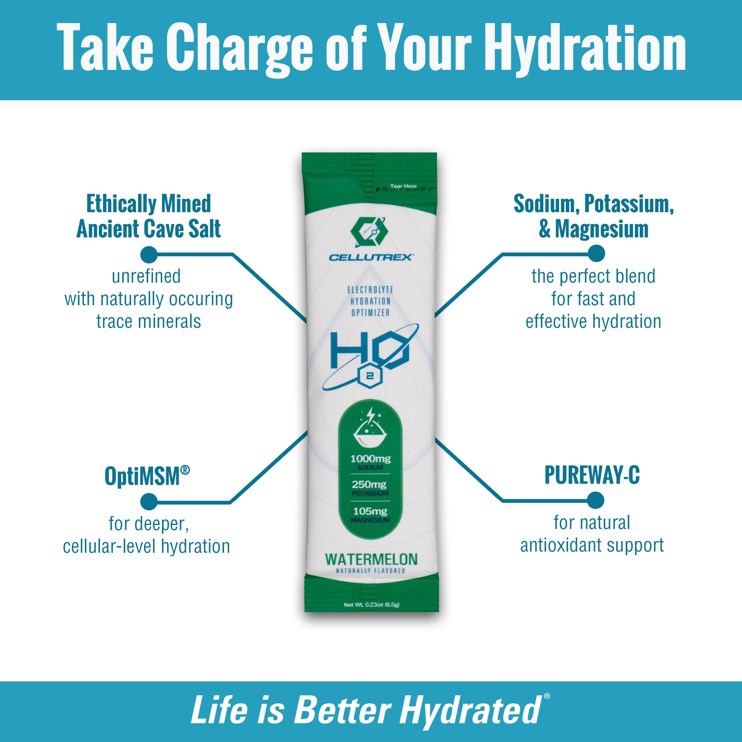Cellutrex H2O electrolytes watermelon ingredients: Ancient Cave Salt, Pureway-C, OptiMSM