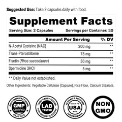 Celly Autophagy Activator ingredients graphic highlights Spermidine, NAC and Fisetin.