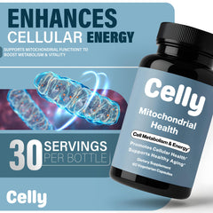 Celly Mitochondrial Health bottle label closeup with premium packaging