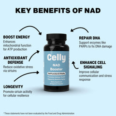 Celly NAD Booster capsules closeup showing easy-to-swallow tablets