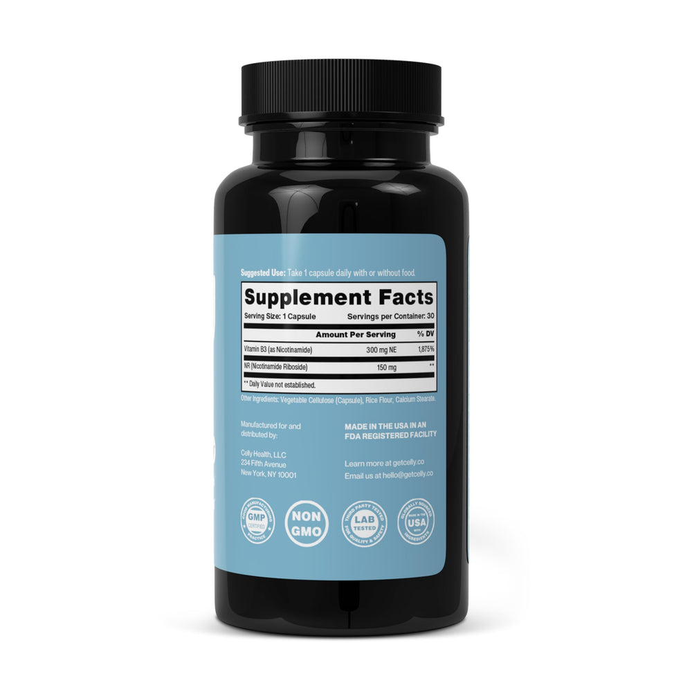 Celly NAD Booster ingredients list featuring NR and Vitamin B3