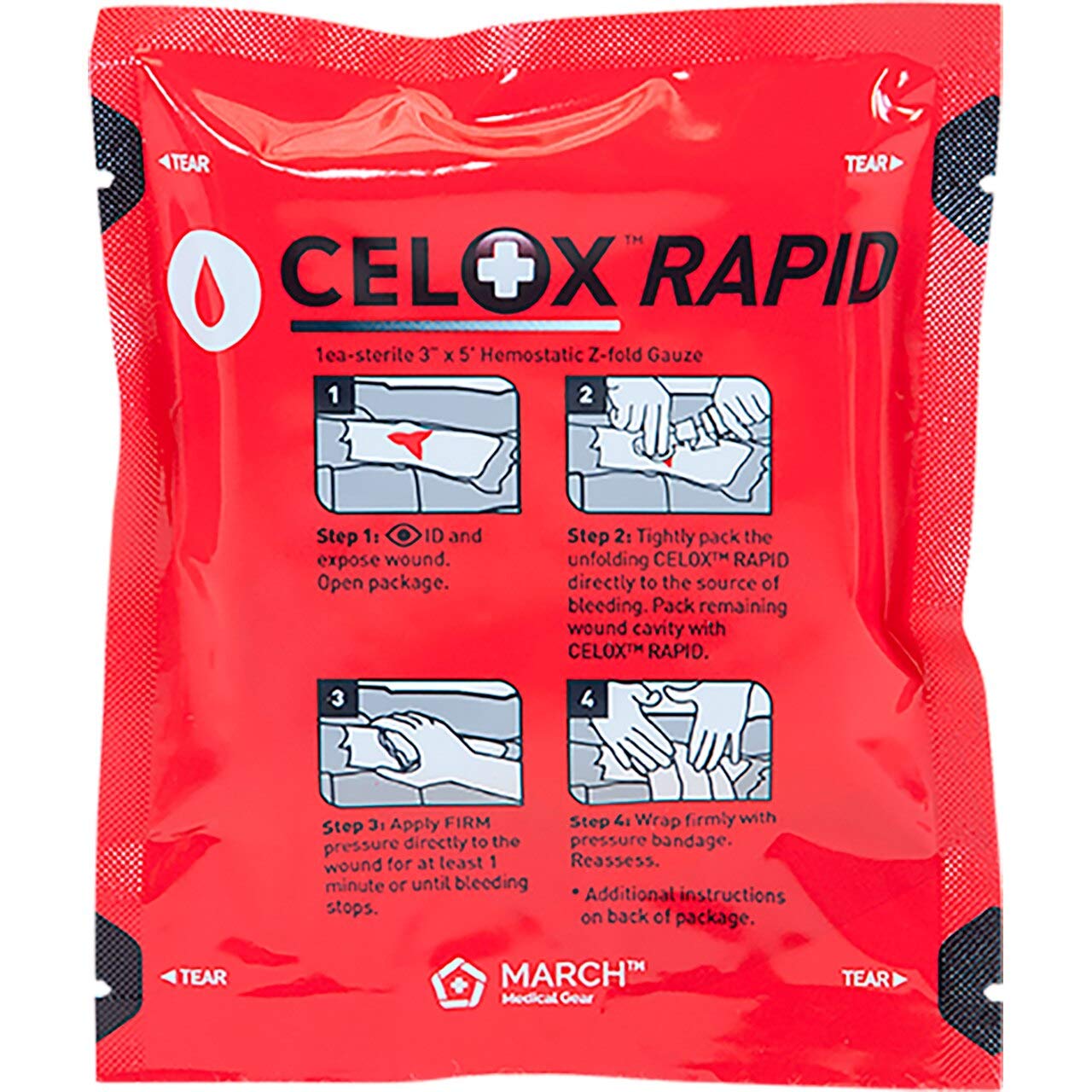 Celox Rapid gauze 3x5 unrolled, ready for wound packing and rapid bleeding control.