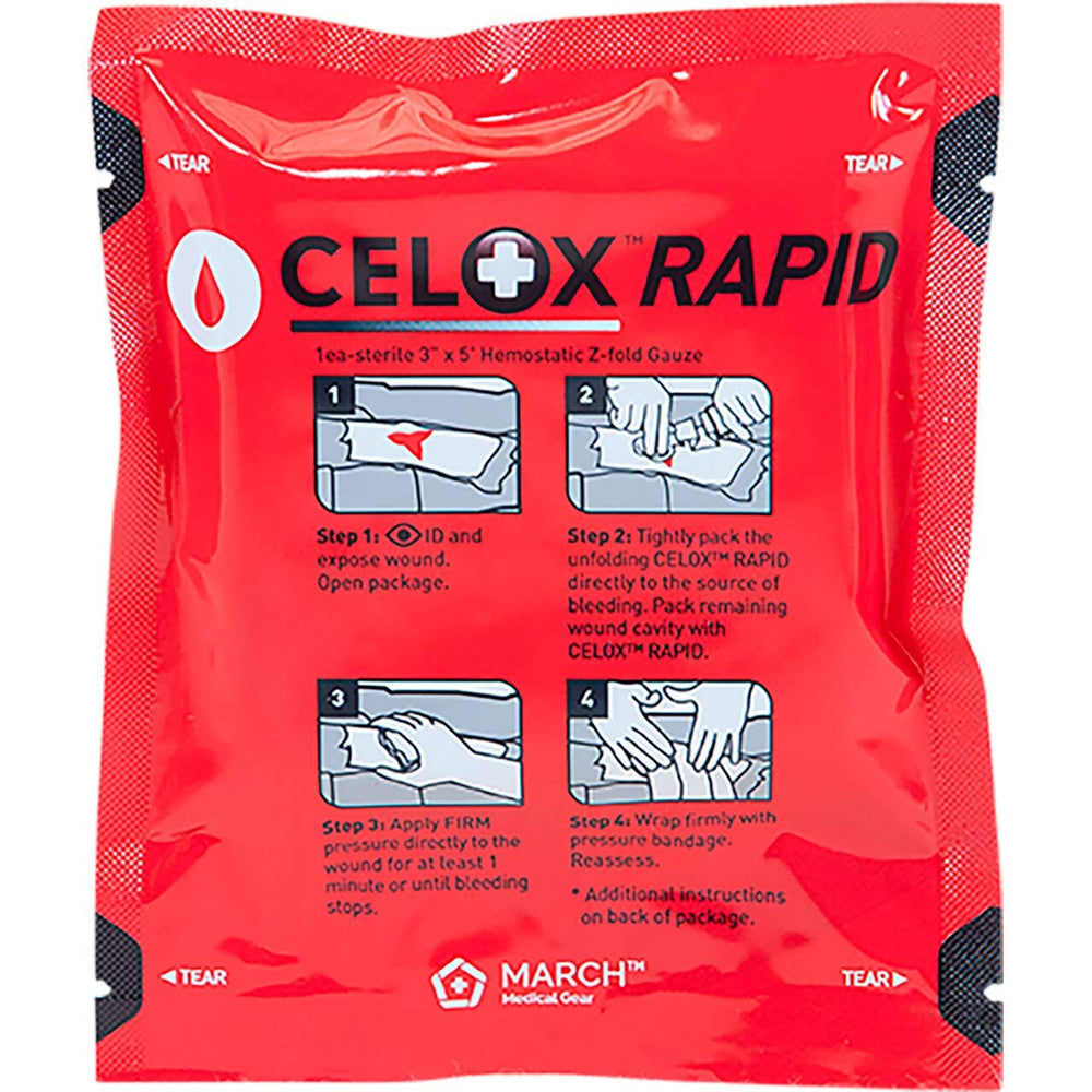 Celox Rapid gauze 3x5 unrolled, ready for wound packing and rapid bleeding control.