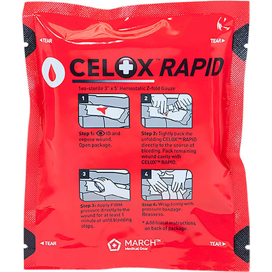 Celox Rapid gauze 3x5 unrolled, ready for wound packing and rapid bleeding control.
