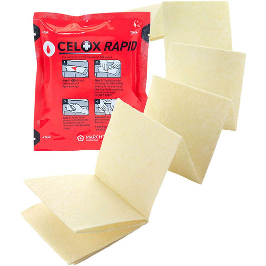 Celox Rapid red packaging shows fast field deployment for rapid bleeding control.