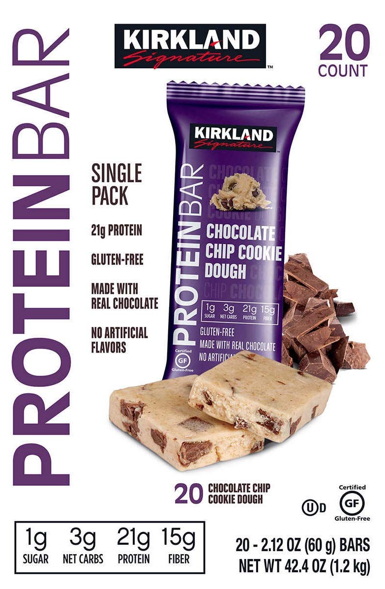 Cemueo Kirkland bar nutrition panel informs quick meal decisions.