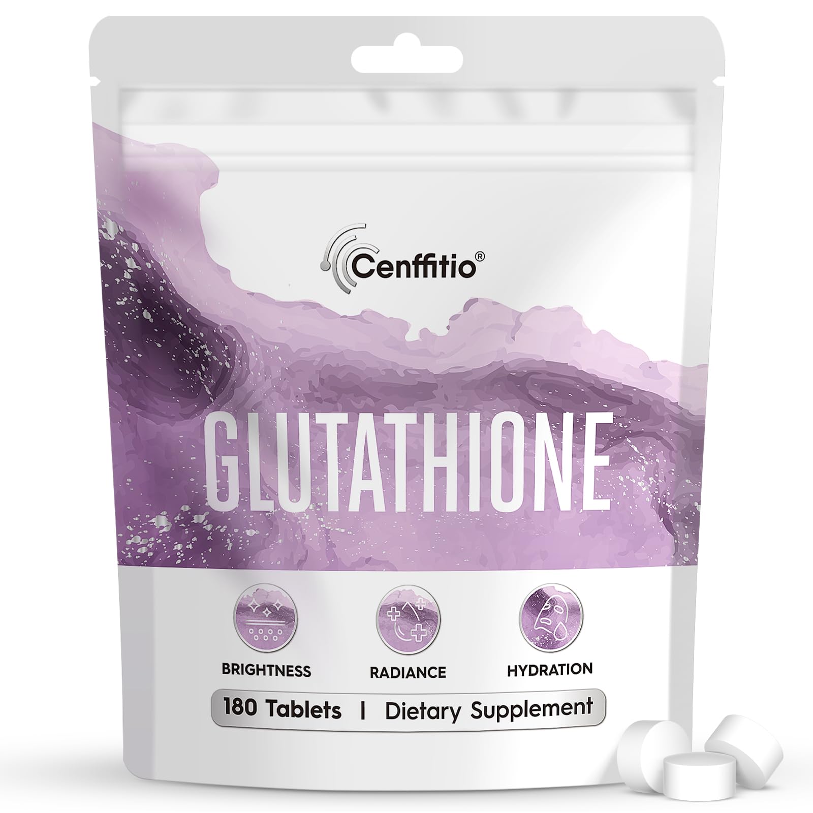 Cenffitio Glutathione supplement bottle highlighting skin-brightening formula.