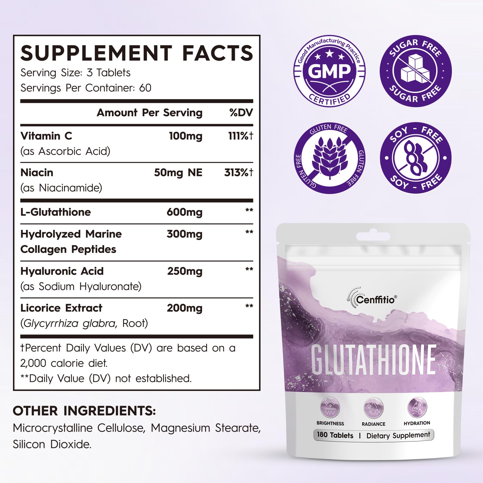 Cenffitio Glutathione capsules arranged for a daily skincare routine.