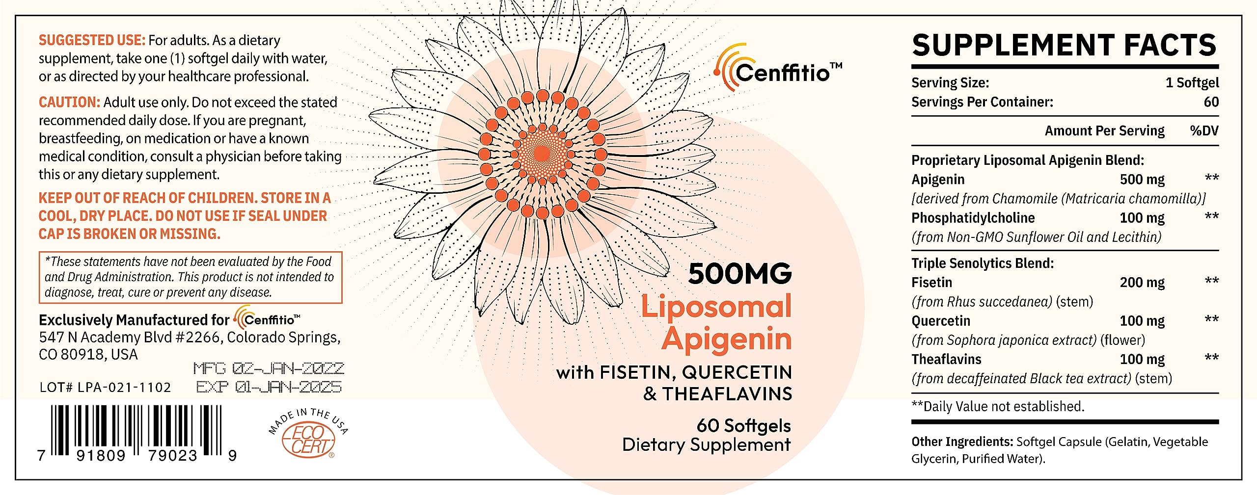 Ingredients chart for Cenffitio liposomal apigenin highlighting sunflower phospholipids.