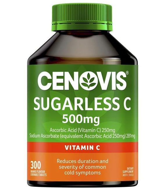 Cenovis Vitamin C 500mg Sugarless bottle on a desk for daily immunity support.