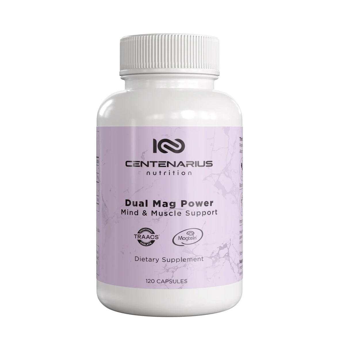 Centenarius Nutrition Dual Mag Power bottle with capsules highlighting focus support.