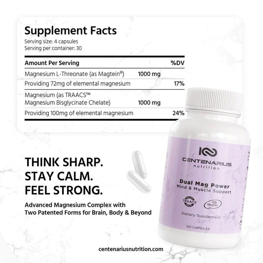 Centenarius Dual Mag Power packaging shown on shelf, emphasizing purity and testing.