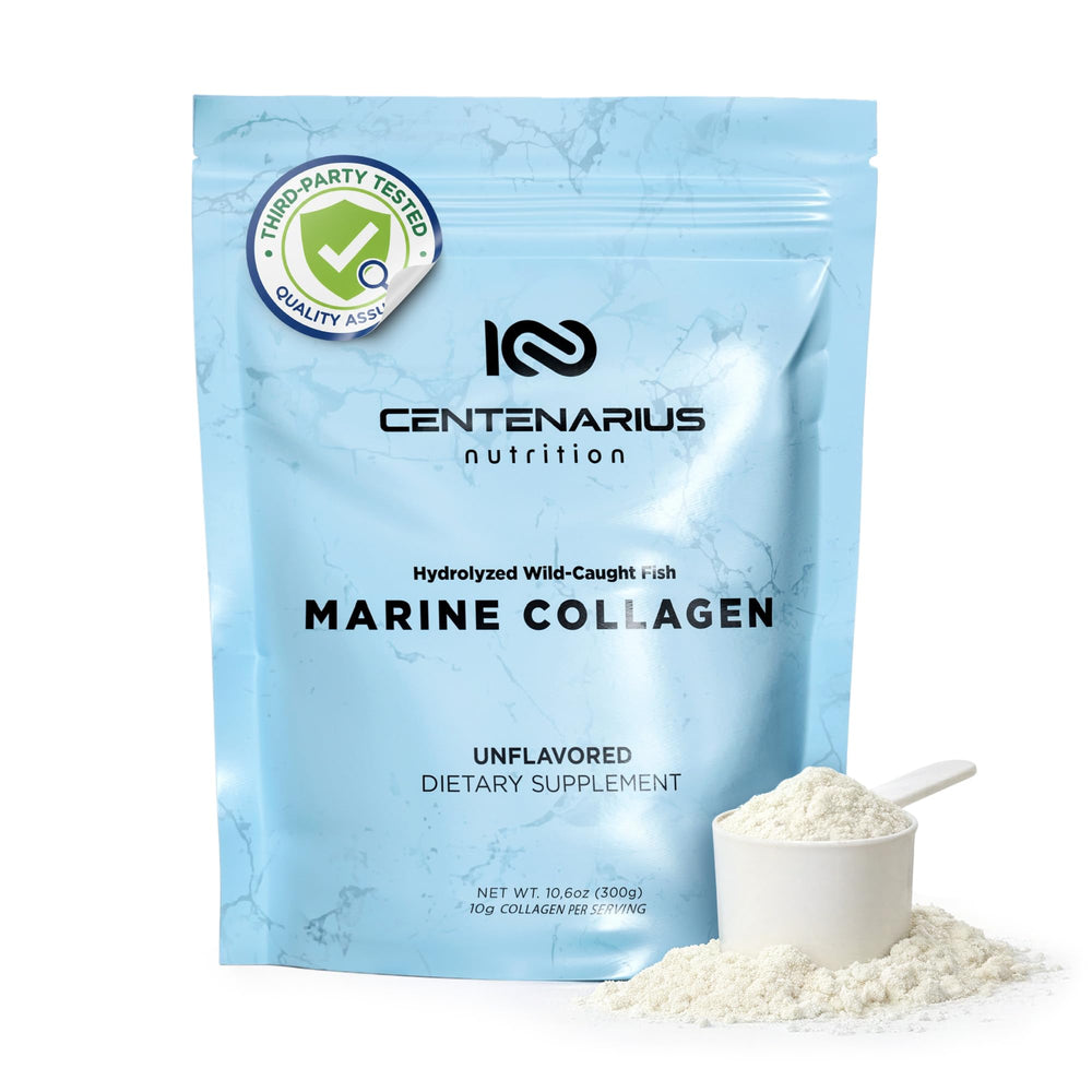 Centenarius Nutrition hydrolyzed marine collagen bottle promotes healthy skin and nails.