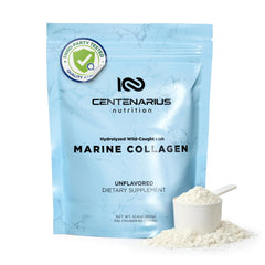 Centenarius Nutrition hydrolyzed marine collagen bottle promotes healthy skin and nails.
