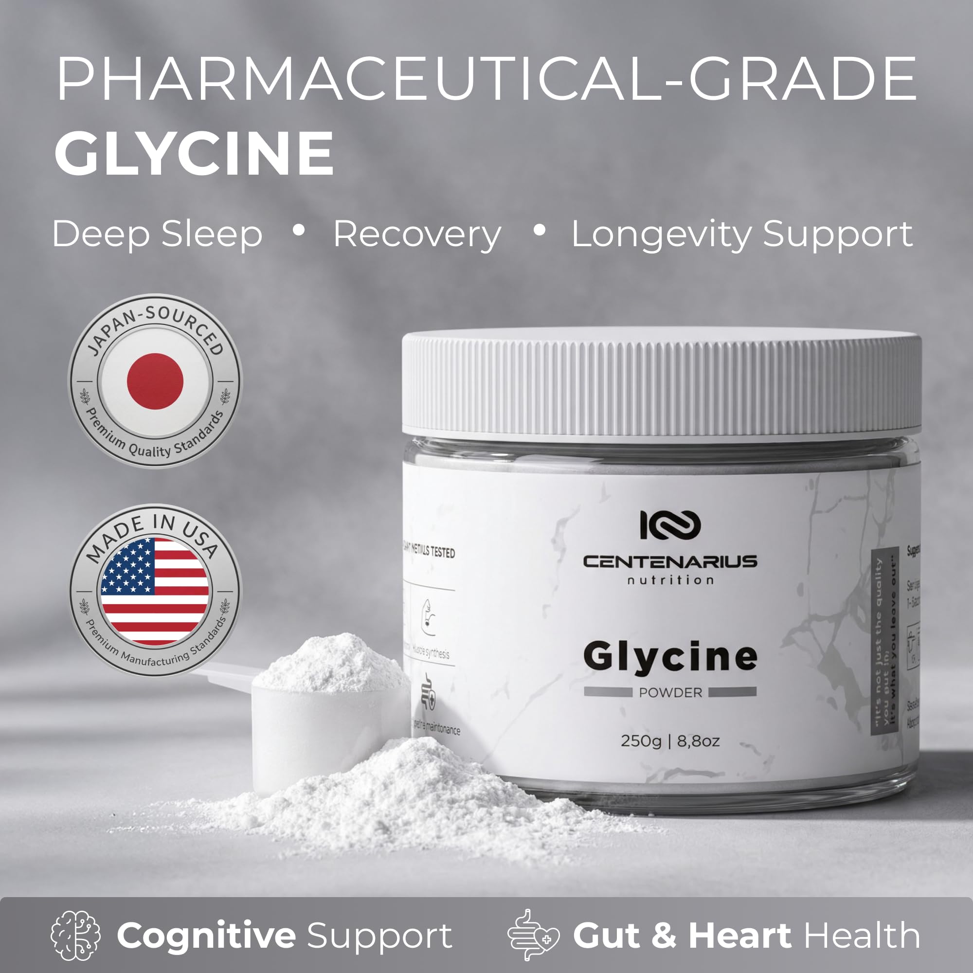 Centenarius Glycine Powder label highlights third-party testing for quality