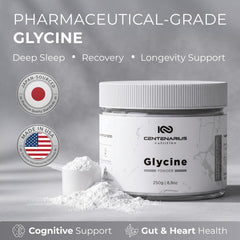 Centenarius Glycine Powder label highlights third-party testing for quality