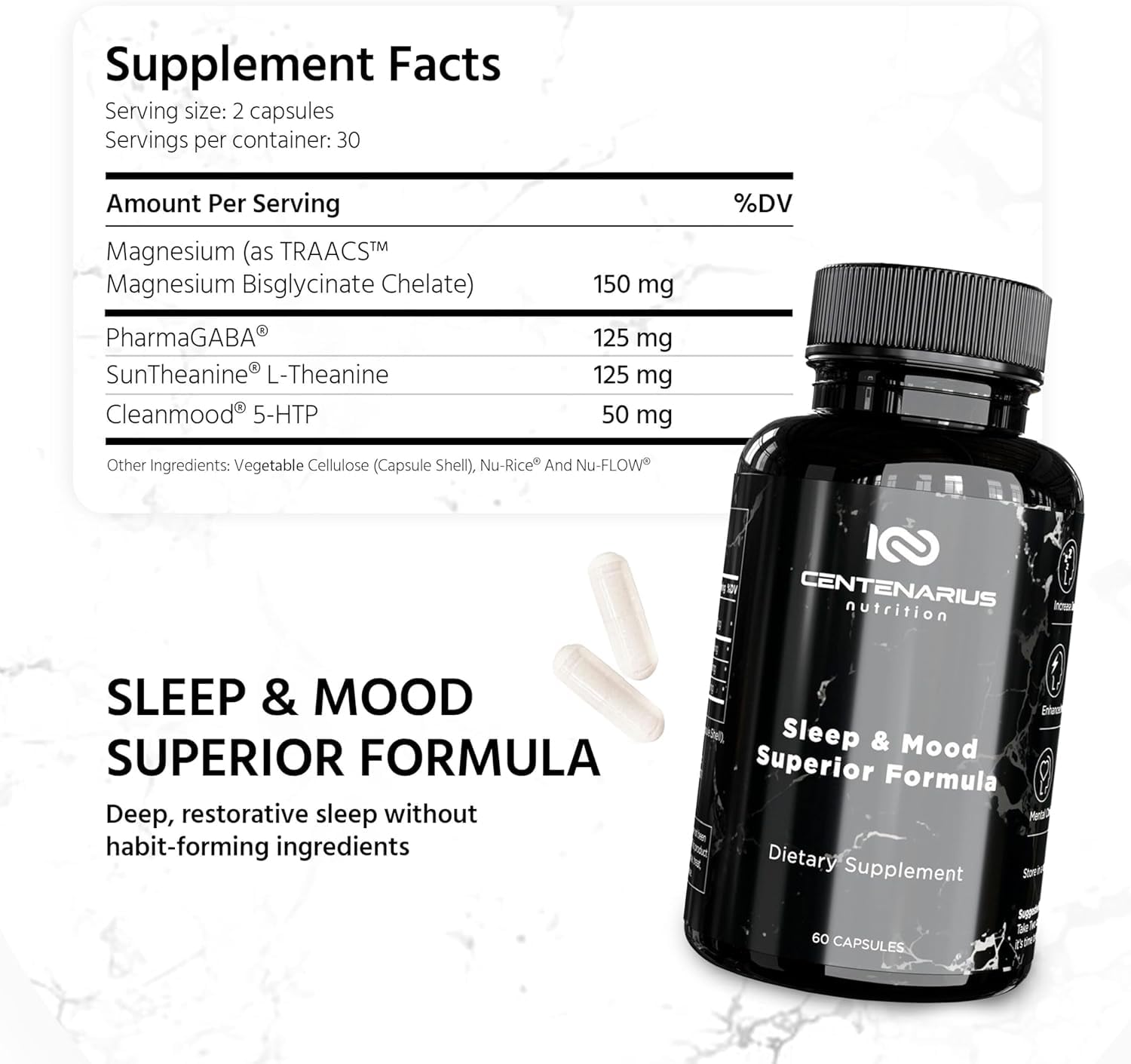 Centenarius Sleep + Mood bottle label highlights ingredients for relaxation