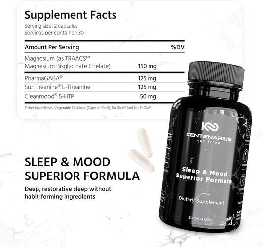 Centenarius Sleep + Mood bottle label highlights ingredients for relaxation
