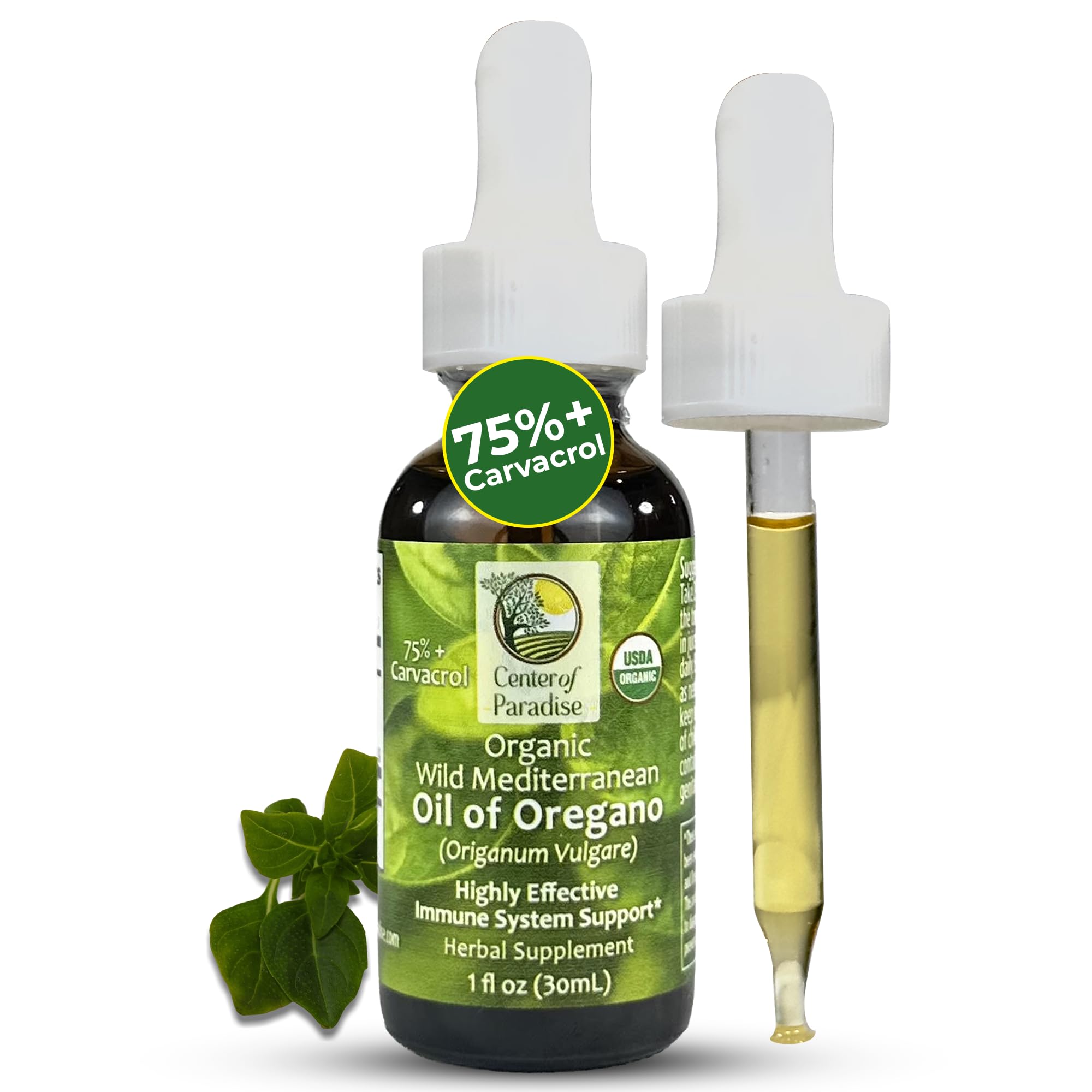Center of Eden wild oregano oil bottle shows 75% carvacrol potency for immune support