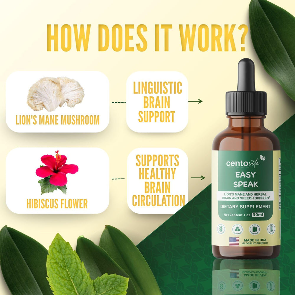 Centovita Easy Speak Brain Boost dropper shown dispensing easy-to-use liquid.