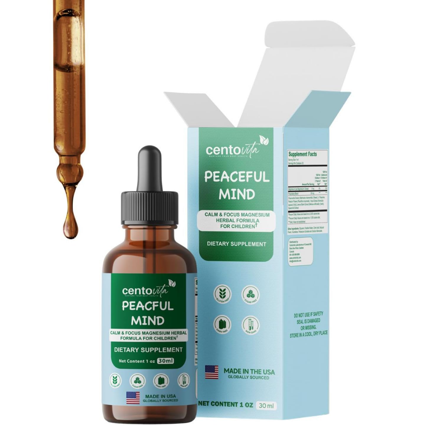 Centovita Peaceful Minds bottle front promoting calm and focus for kids