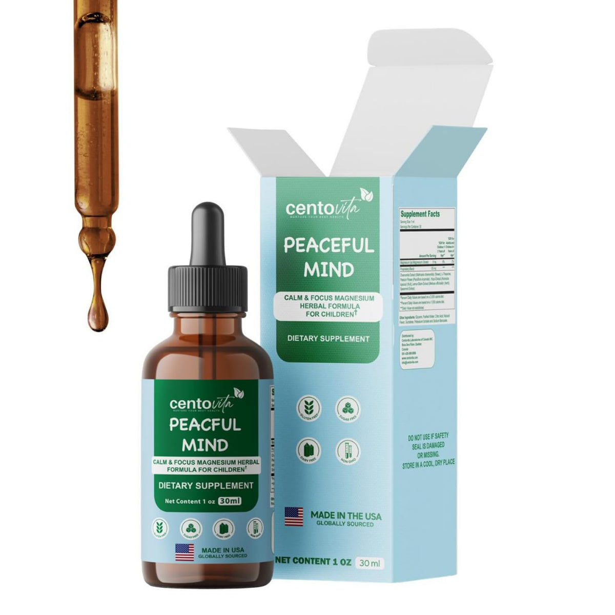 Centovita Peaceful Minds bottle front promoting calm and focus for kids