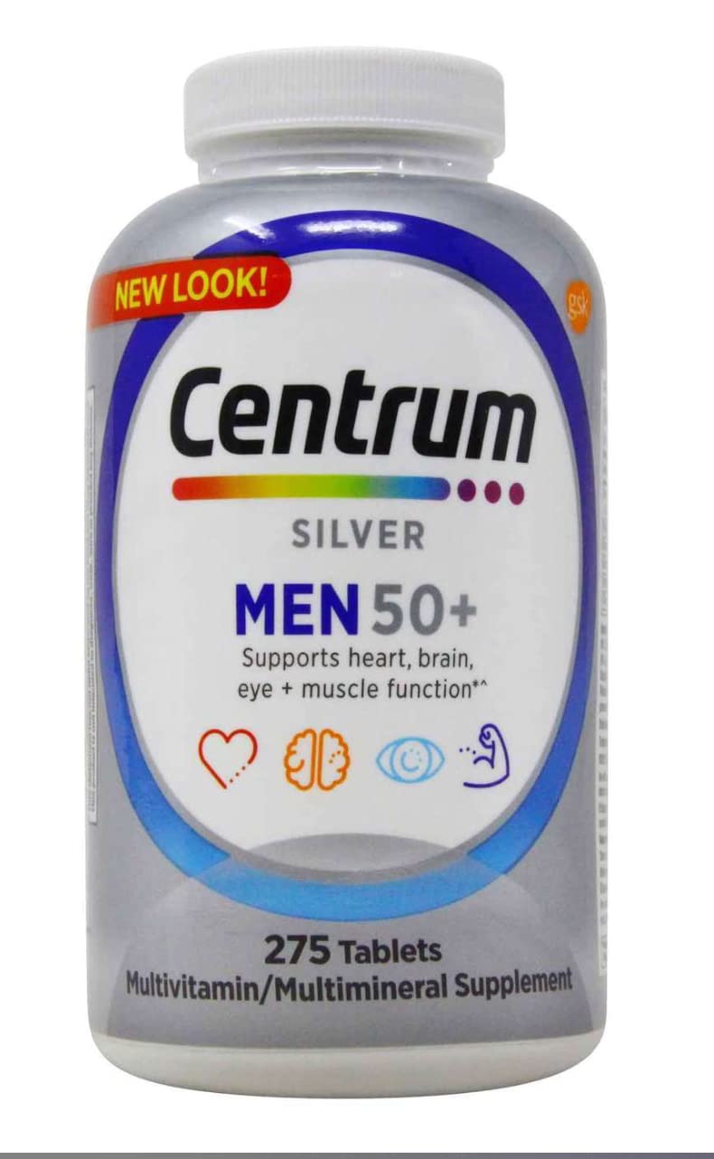 Centrum Men 50+ multivitamin tablet in bottle for daily nutritional support.