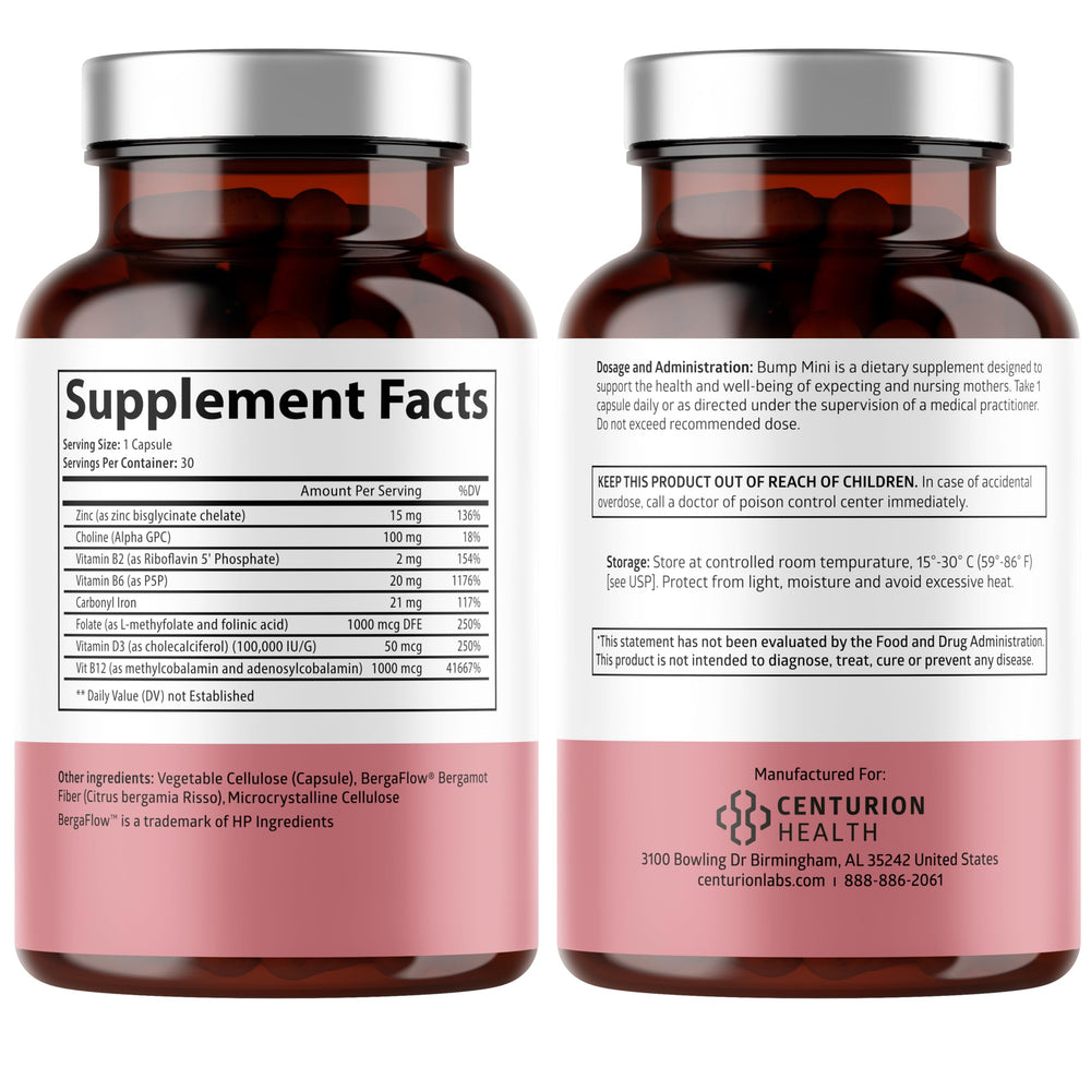 Centurion Bump Mini capsules on a clean surface for daily prenatal nutrition