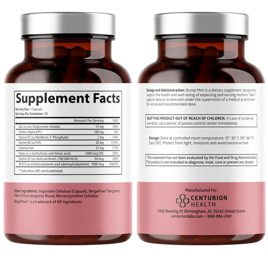 Centurion Bump Mini capsules on a clean surface for daily prenatal nutrition