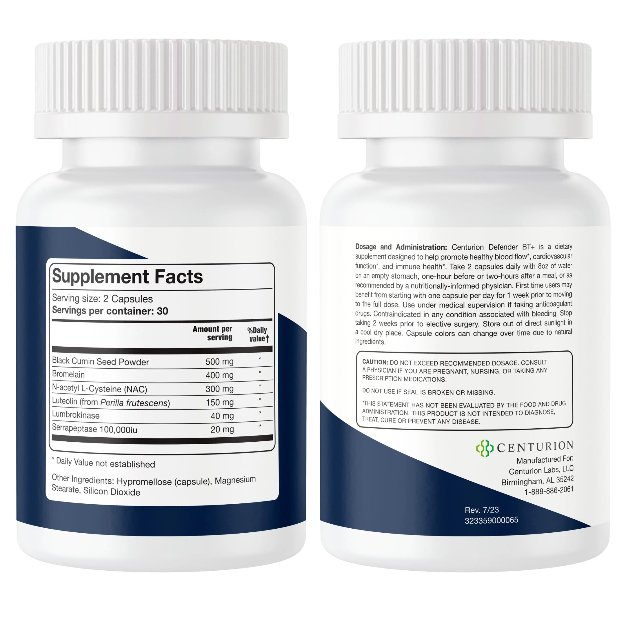 Centurion Defender BT+ spoon with capsules highlights ingredients for circulation support.