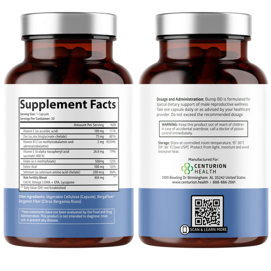 Centurion Health Bump BD capsules close-up highlighting ready-to-take daily capsules