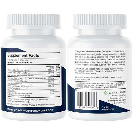 Centurion Defender PM capsules closeup showing the nightly dose