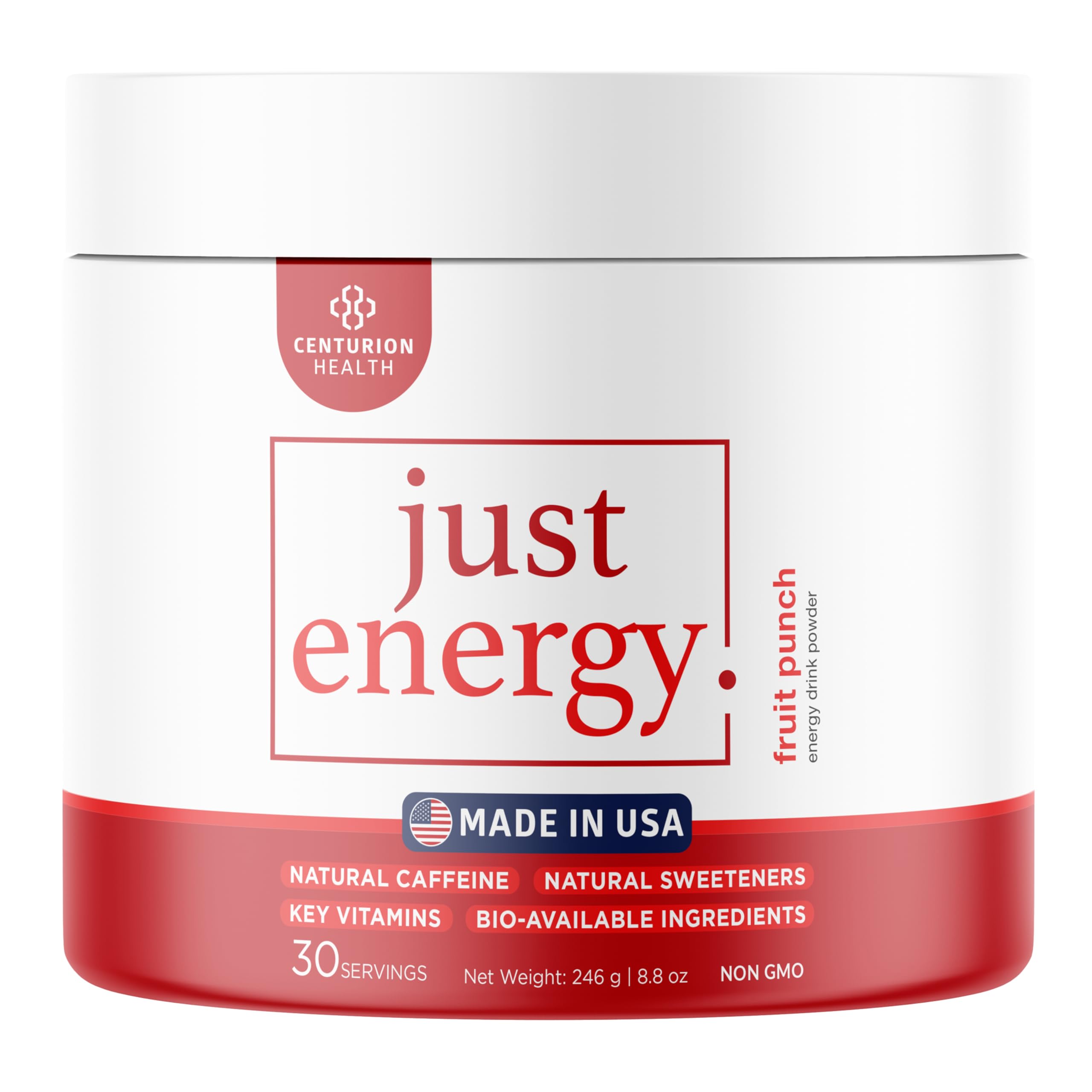 Centurion Health Just Energy Fruit Punch tub with powder for a workout energy boost