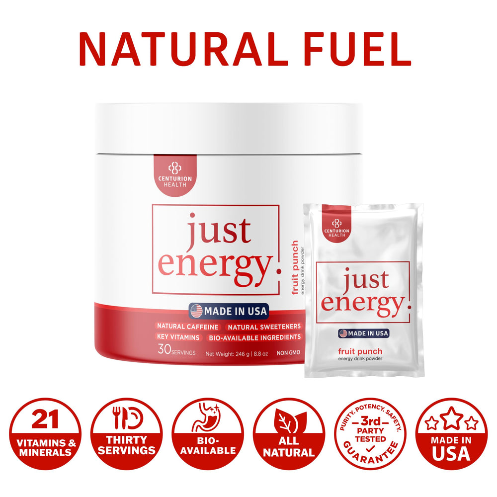 Centurion Health Just Energy ingredients close-up showing 21-ingredient energy formula