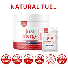 Centurion Health Just Energy ingredients close-up showing 21-ingredient energy formula