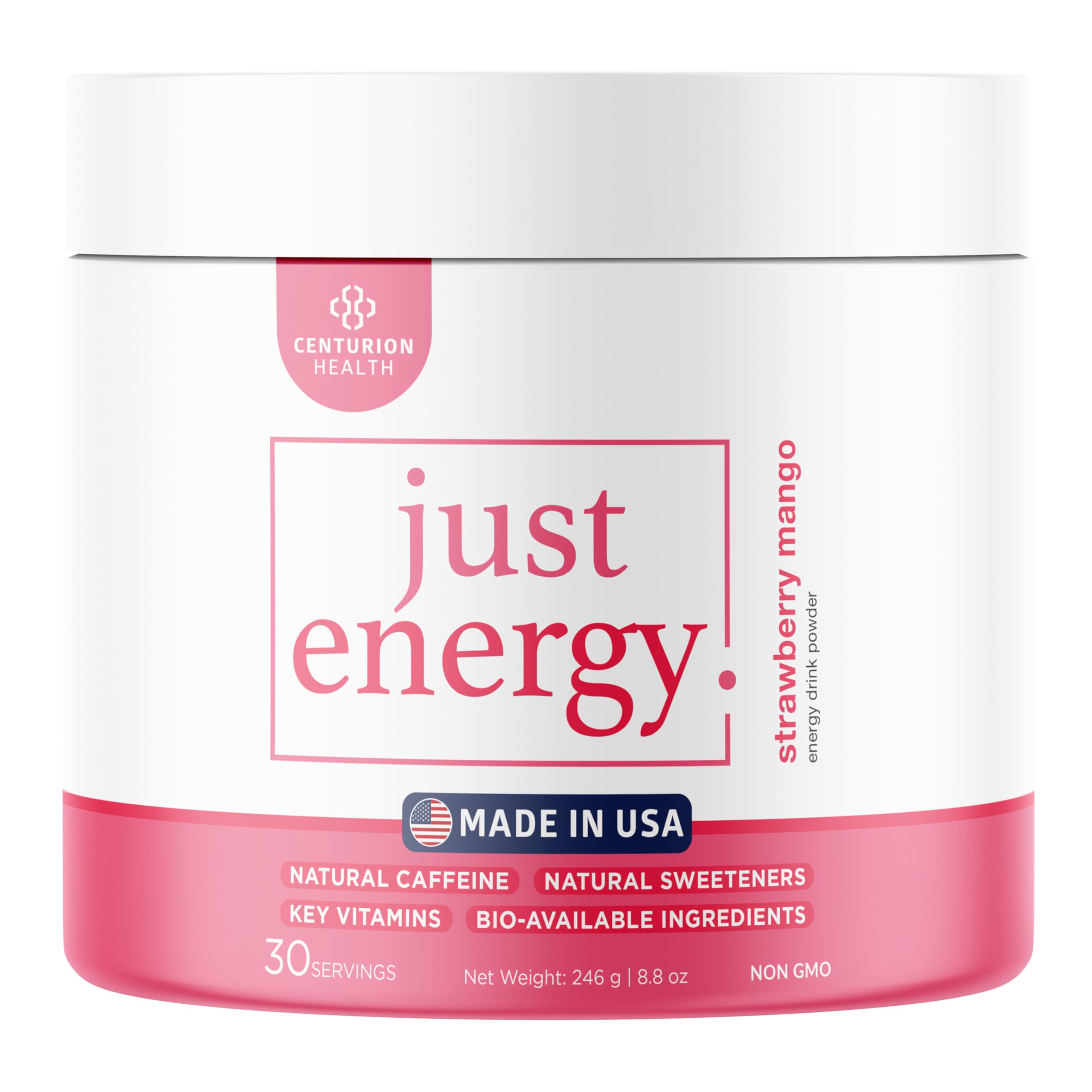 Centurion Health Just Energy powder jar on a clean surface signals convenient daily energy.