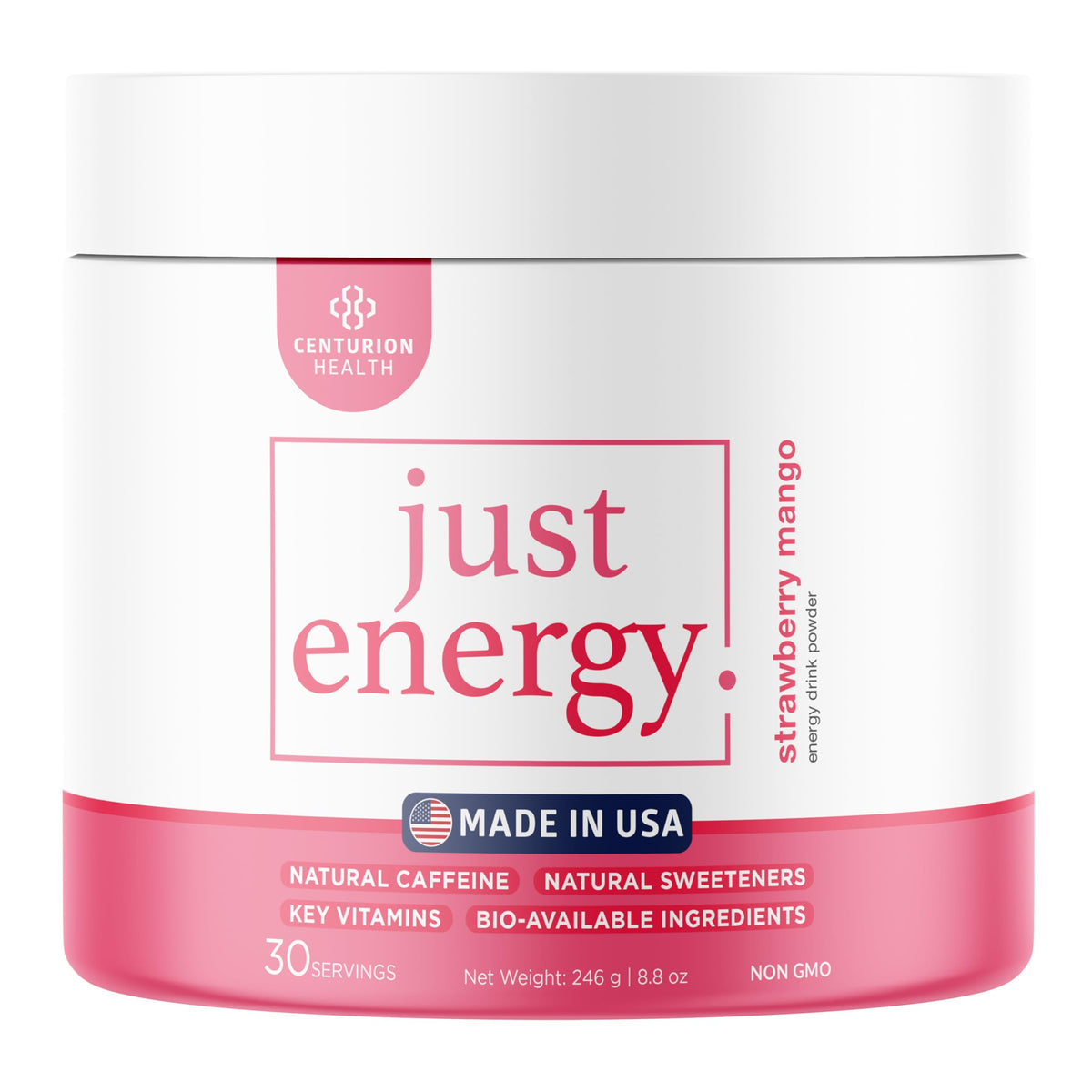 Centurion Health Just Energy powder jar on a clean surface signals convenient daily energy.