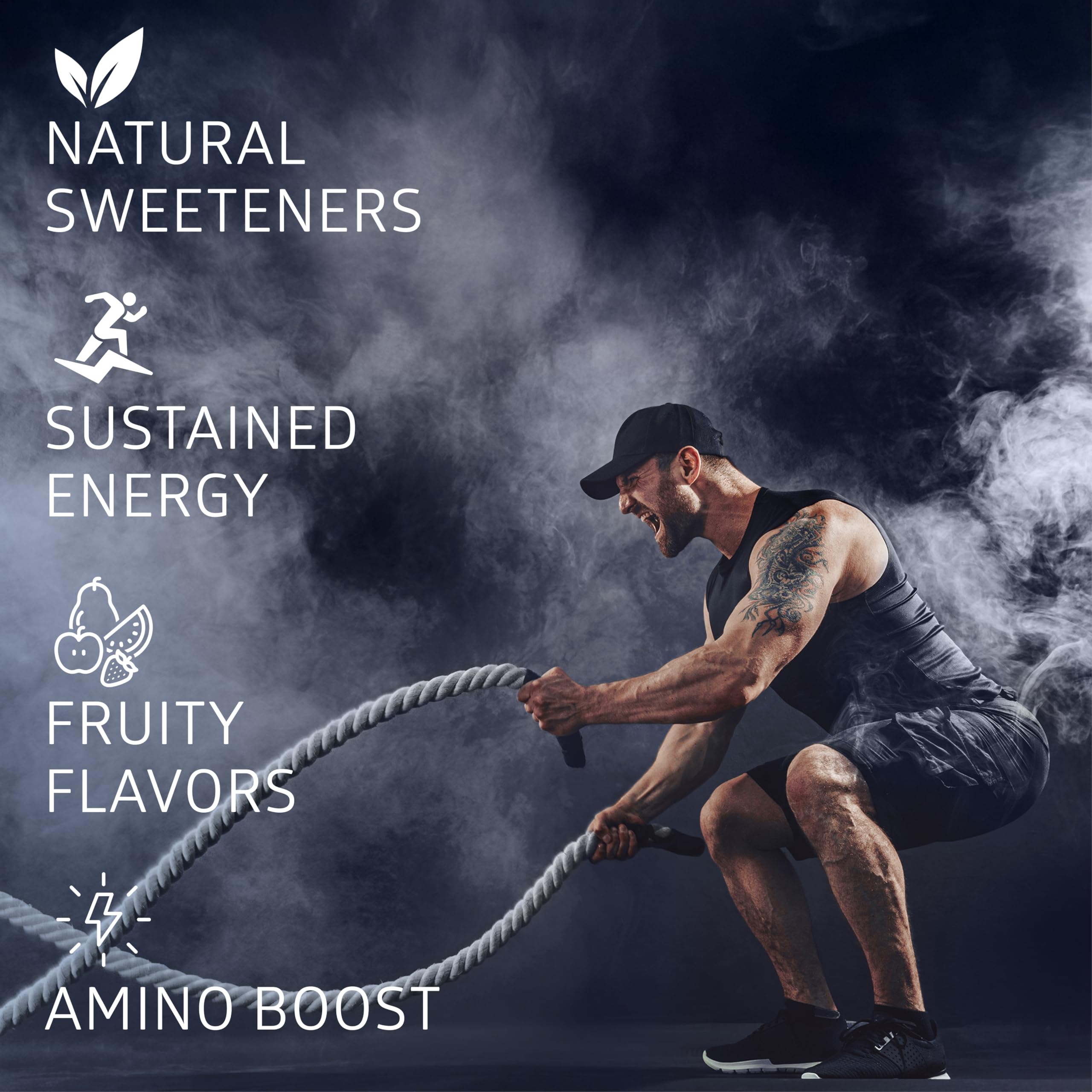 Just Energy powder scoop poured into water for a quick, refreshing energy boost.