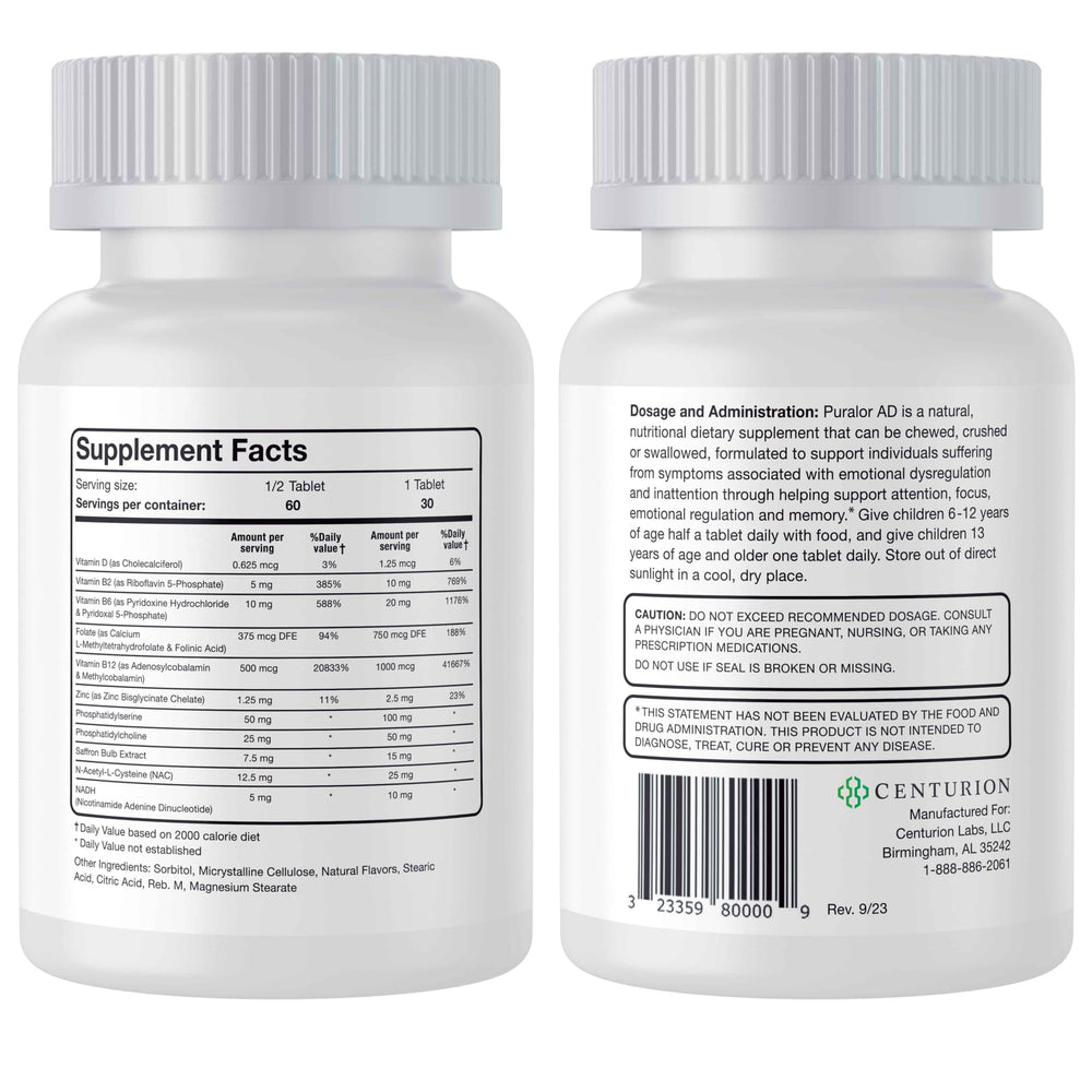 Centurion Health Puralor AD bottle with chewables for easy daily use.