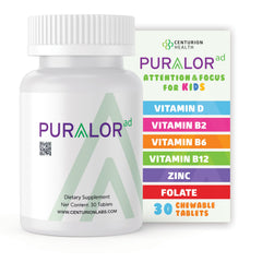 Centurion Health Puralor AD tart-flavored chewable tablet designed for daily focus.