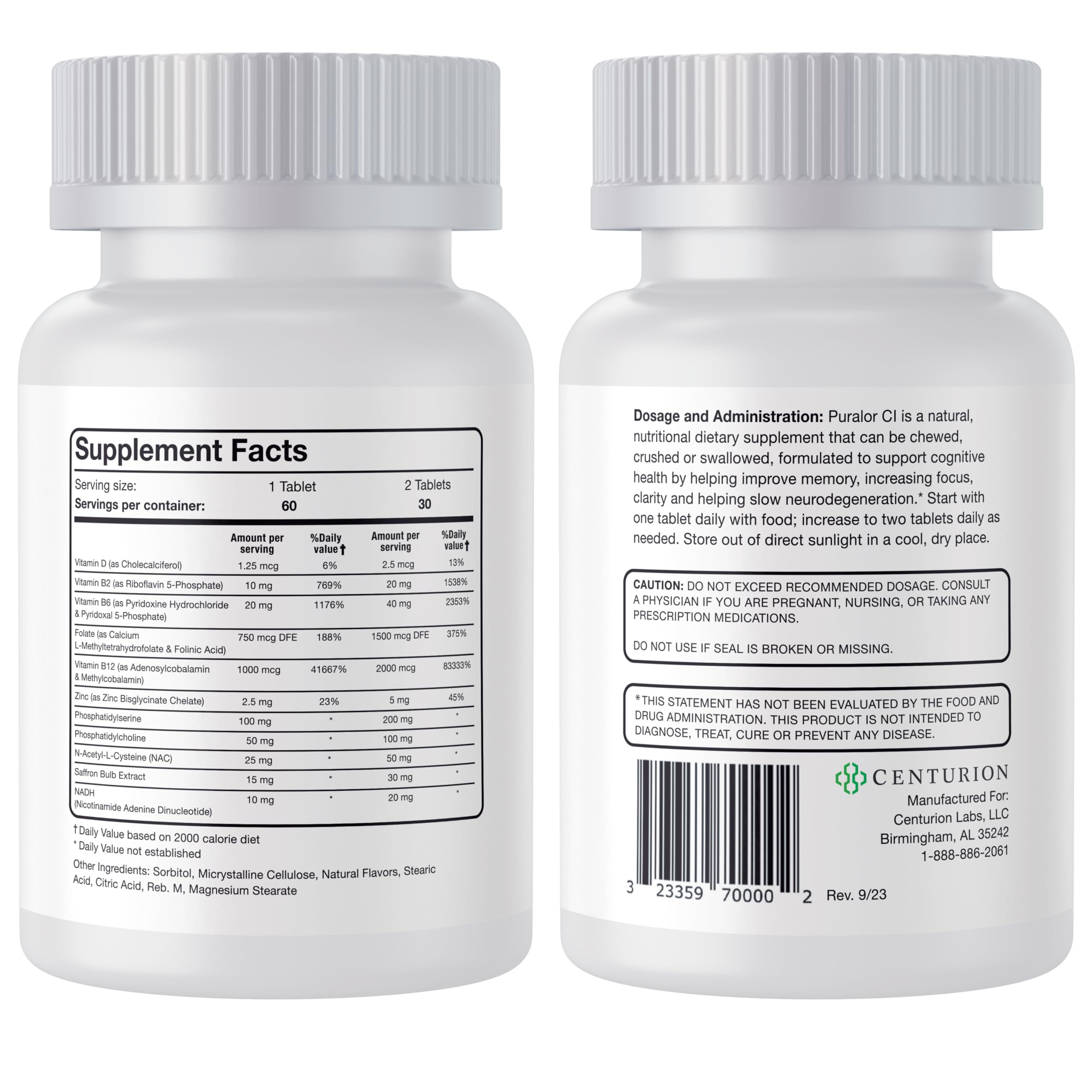 Centurion Health Puralor CI tablets close-up for memory and focus support.