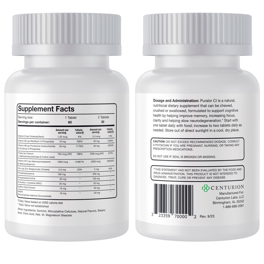 Centurion Health Puralor CI tablets close-up for memory and focus support.