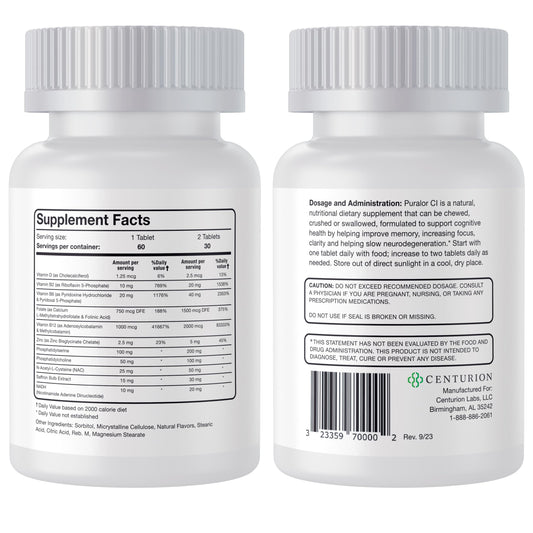 Centurion Health Puralor CI tablets close-up for memory and focus support.